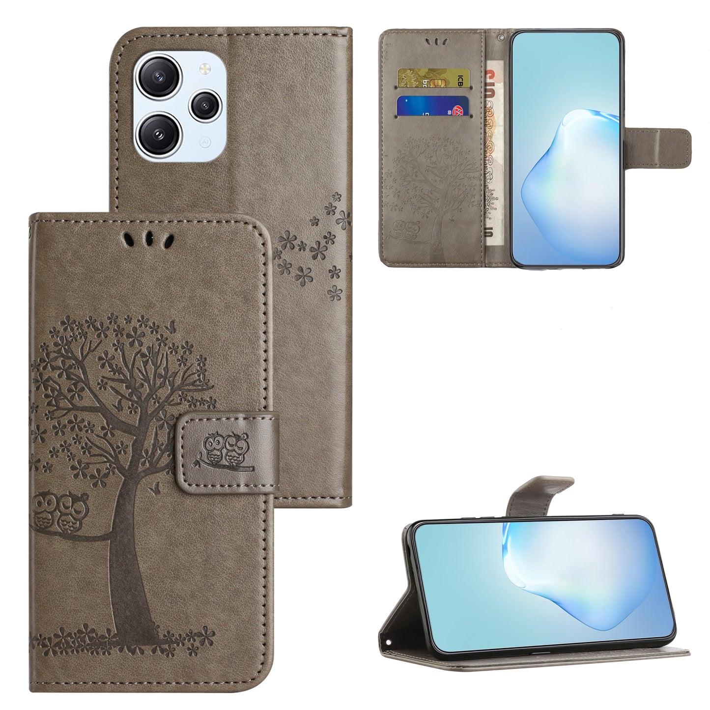 Uniqkart for Xiaomi Redmi 12 4G Owl Tree Imprinted Wallet Case PU Leather Stand Phone Cover - Grey