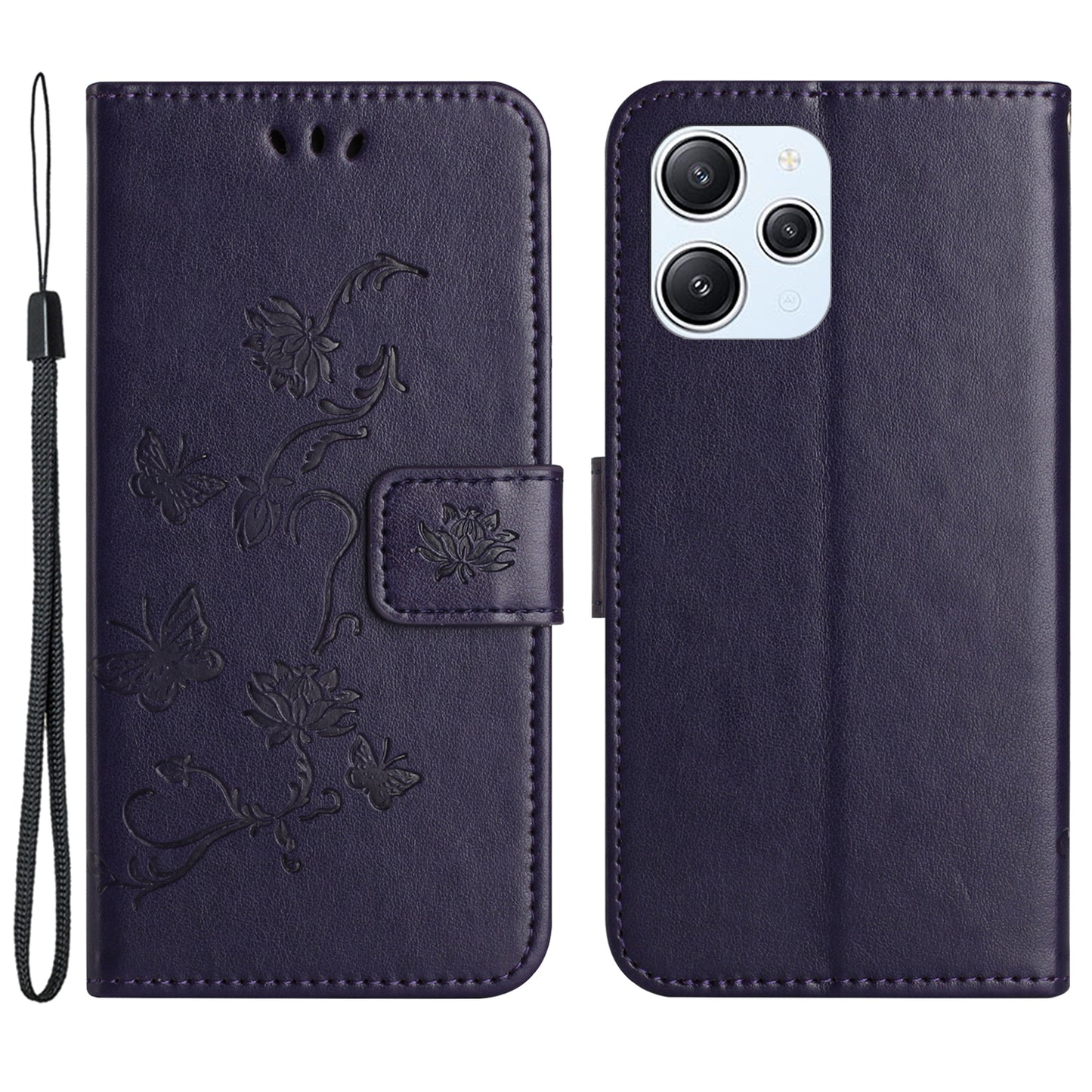 Uniqkart for Xiaomi Redmi 12 4G Wallet Stand Phone Case Butterfly Flower Imprinted PU Leather Cover - Dark Purple