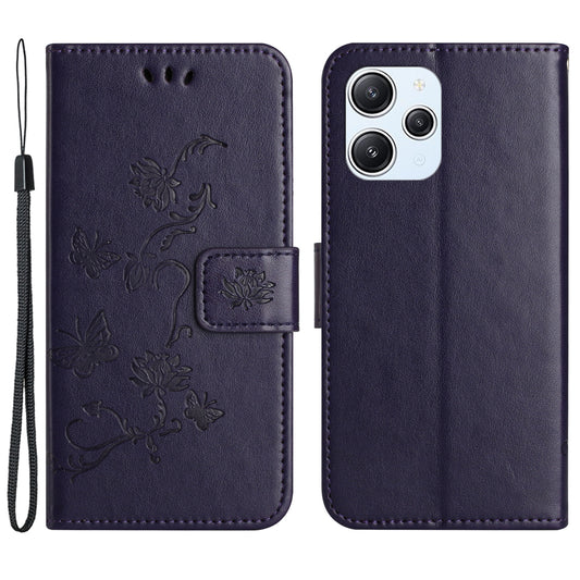 Uniqkart for Xiaomi Redmi 12 4G Wallet Stand Phone Case Butterfly Flower Imprinted PU Leather Cover - Dark Purple