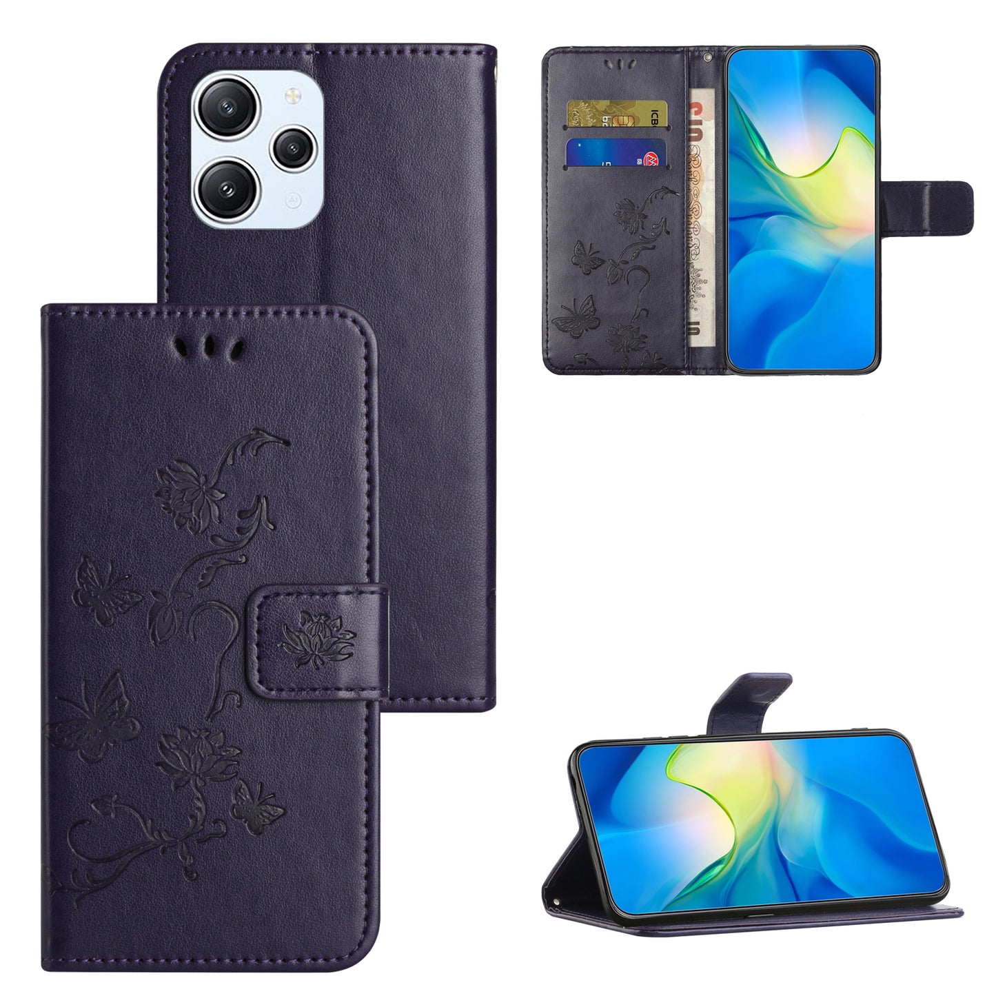 Uniqkart for Xiaomi Redmi 12 4G Wallet Stand Phone Case Butterfly Flower Imprinted PU Leather Cover - Dark Purple