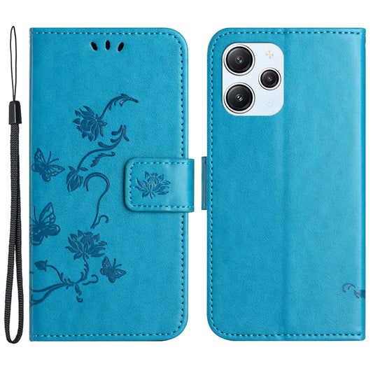 Uniqkart for Xiaomi Redmi 12 4G Wallet Stand Phone Case Butterfly Flower Imprinted PU Leather Cover - Blue