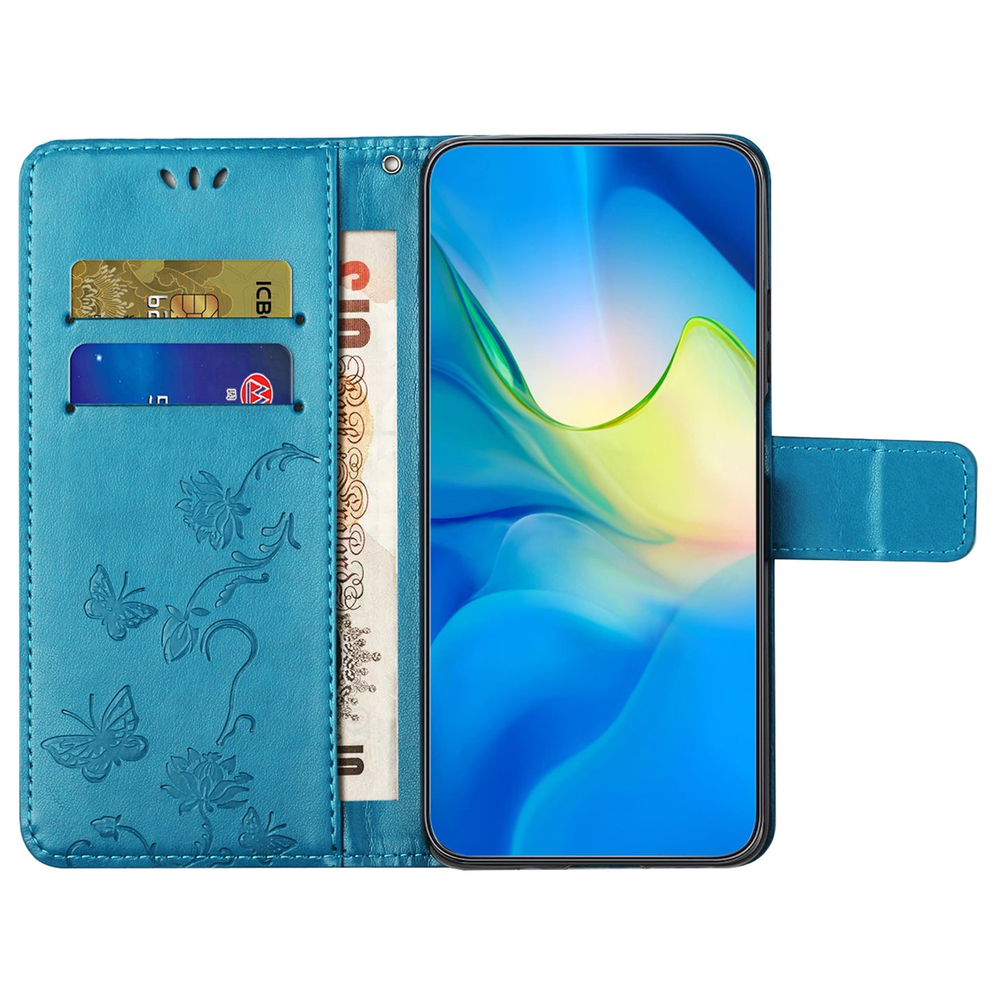Uniqkart for Xiaomi Redmi 12 4G Wallet Stand Phone Case Butterfly Flower Imprinted PU Leather Cover - Blue
