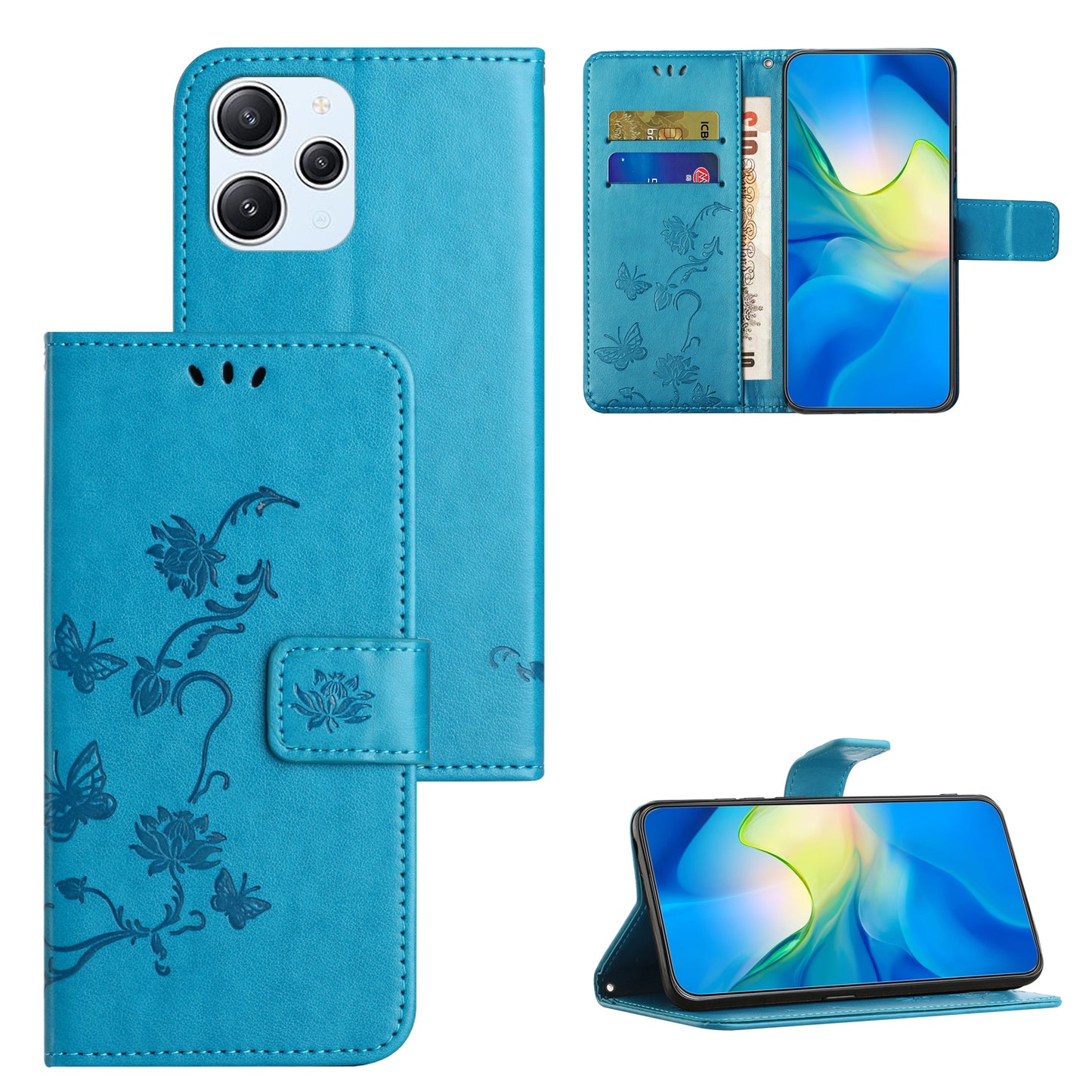 Uniqkart for Xiaomi Redmi 12 4G Wallet Stand Phone Case Butterfly Flower Imprinted PU Leather Cover - Blue