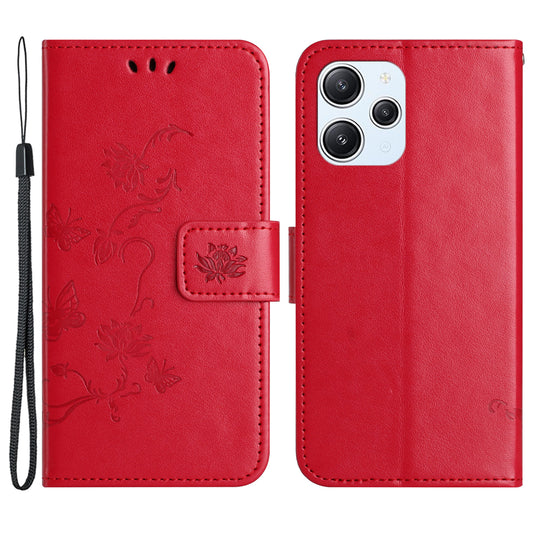 Uniqkart for Xiaomi Redmi 12 4G Wallet Stand Phone Case Butterfly Flower Imprinted PU Leather Cover - Red