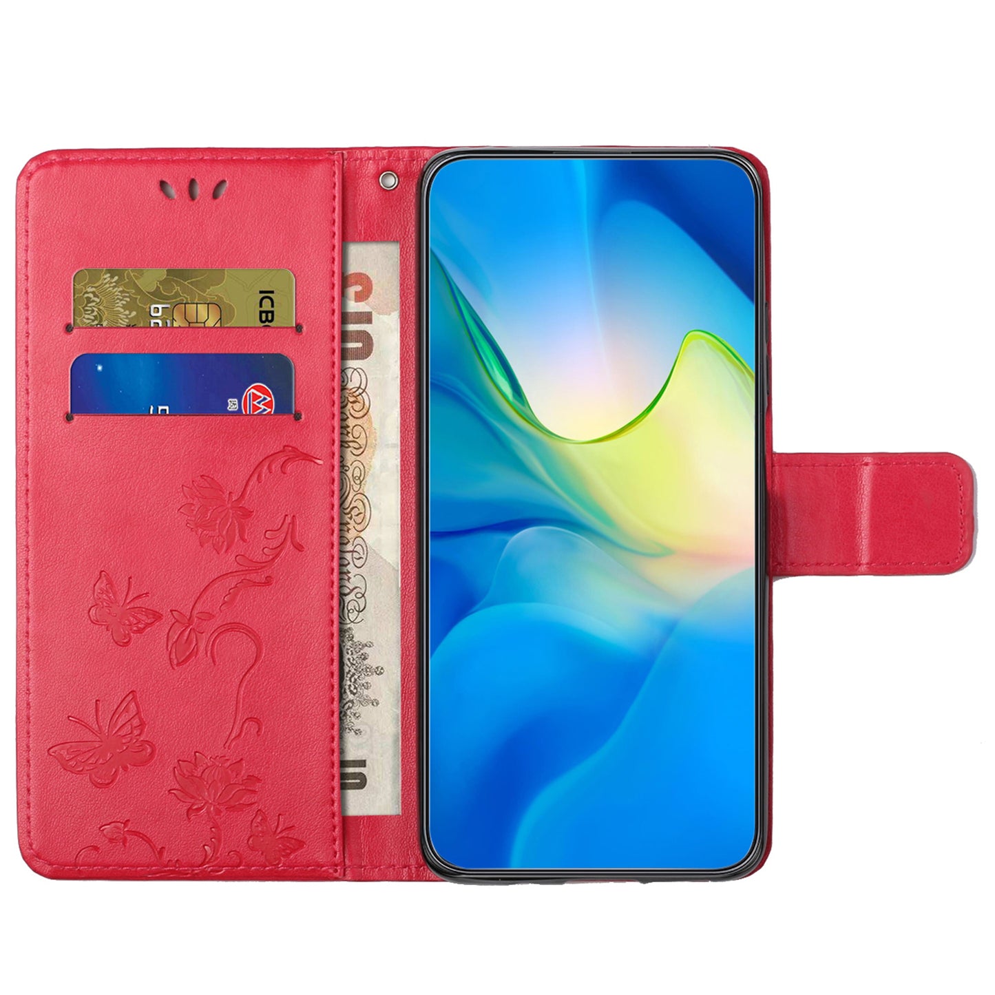 Uniqkart for Xiaomi Redmi 12 4G Wallet Stand Phone Case Butterfly Flower Imprinted PU Leather Cover - Red