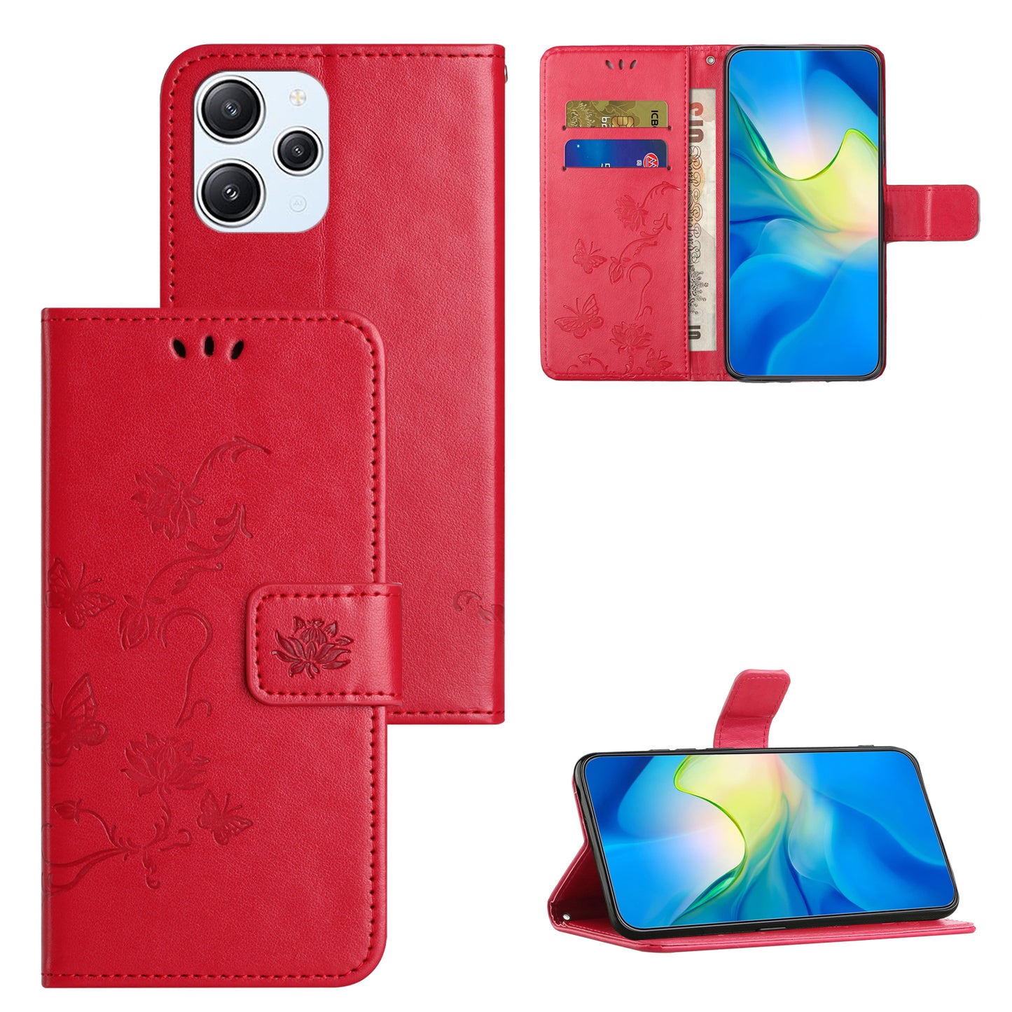 Uniqkart for Xiaomi Redmi 12 4G Wallet Stand Phone Case Butterfly Flower Imprinted PU Leather Cover - Red