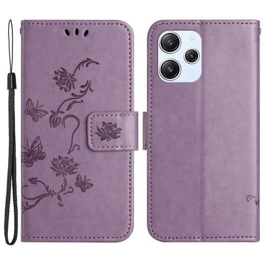 Uniqkart for Xiaomi Redmi 12 4G Wallet Stand Phone Case Butterfly Flower Imprinted PU Leather Cover - Purple