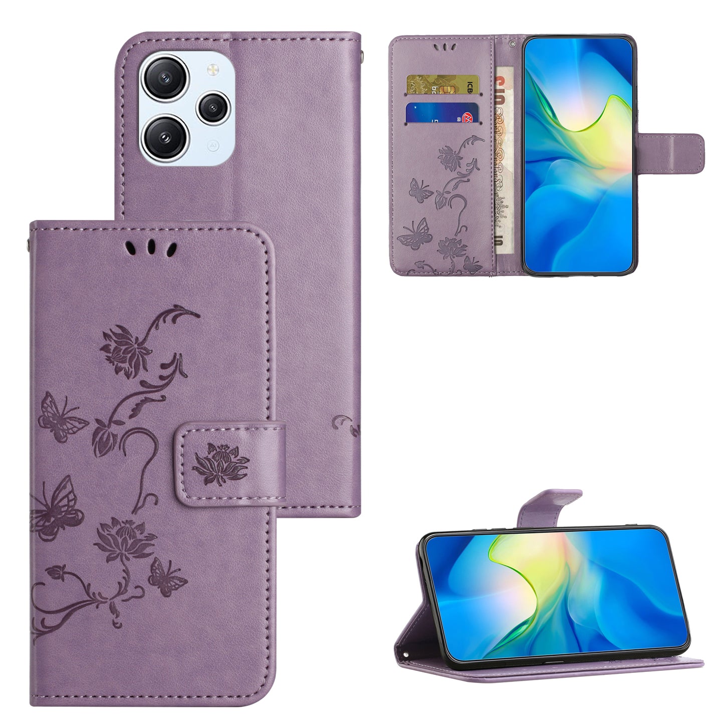 Uniqkart for Xiaomi Redmi 12 4G Wallet Stand Phone Case Butterfly Flower Imprinted PU Leather Cover - Purple
