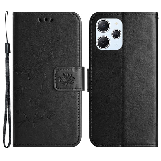 Uniqkart for Xiaomi Redmi 12 4G Wallet Stand Phone Case Butterfly Flower Imprinted PU Leather Cover - Black