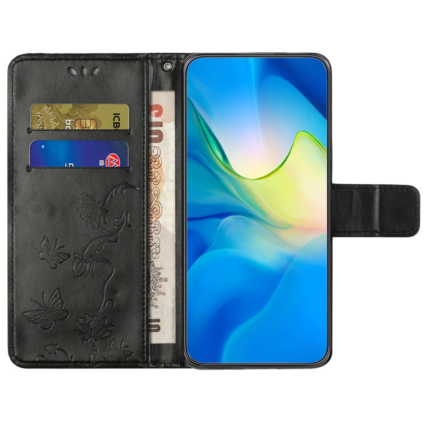 Uniqkart for Xiaomi Redmi 12 4G Wallet Stand Phone Case Butterfly Flower Imprinted PU Leather Cover - Black