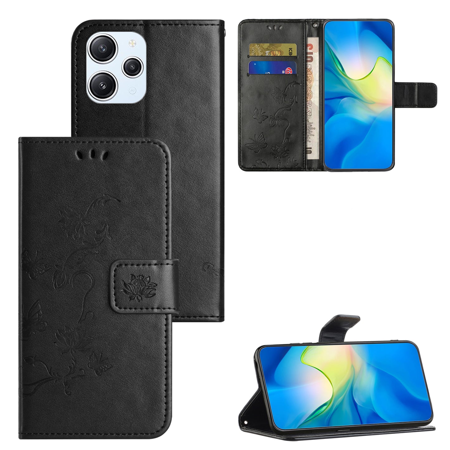 Uniqkart for Xiaomi Redmi 12 4G Wallet Stand Phone Case Butterfly Flower Imprinted PU Leather Cover - Black