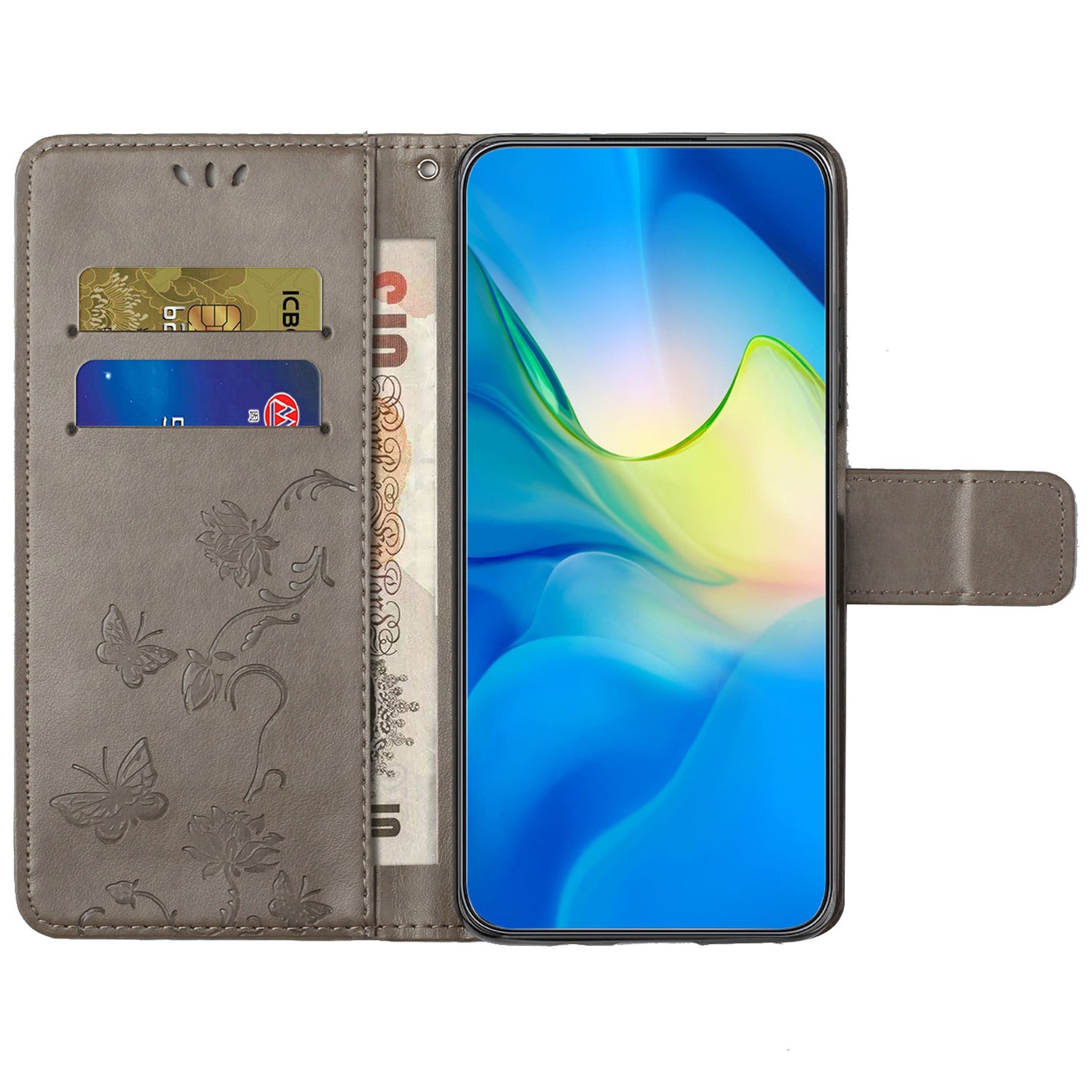 Uniqkart for Xiaomi Redmi 12 4G Wallet Stand Phone Case Butterfly Flower Imprinted PU Leather Cover - Grey