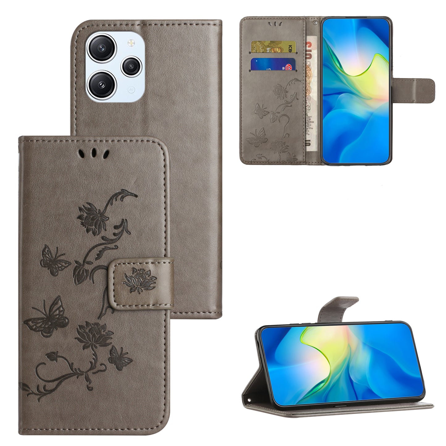 Uniqkart for Xiaomi Redmi 12 4G Wallet Stand Phone Case Butterfly Flower Imprinted PU Leather Cover - Grey