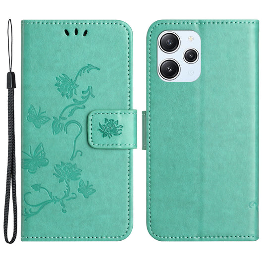 Uniqkart for Xiaomi Redmi 12 4G Wallet Stand Phone Case Butterfly Flower Imprinted PU Leather Cover - Cyan