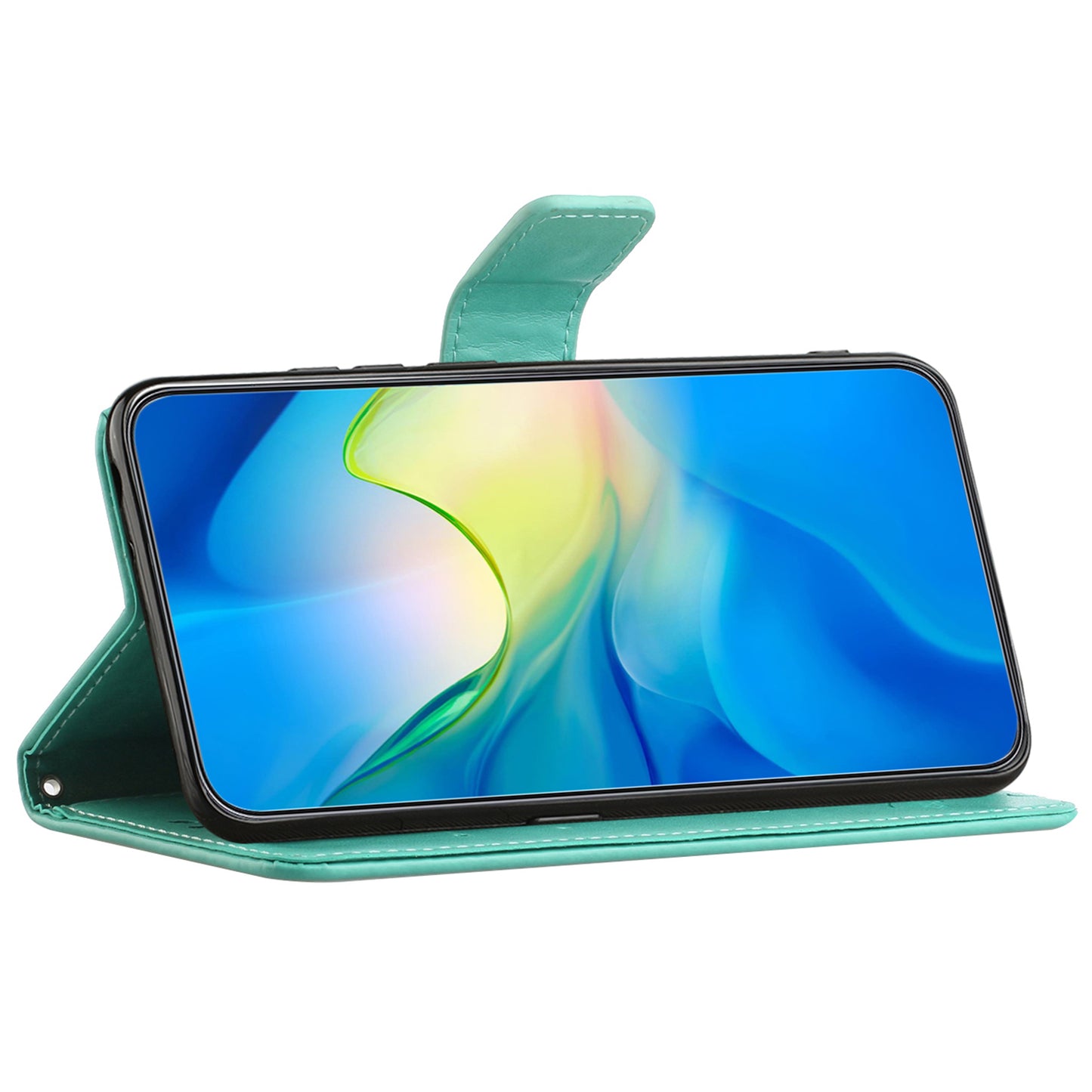 Uniqkart for Xiaomi Redmi 12 4G Wallet Stand Phone Case Butterfly Flower Imprinted PU Leather Cover - Cyan