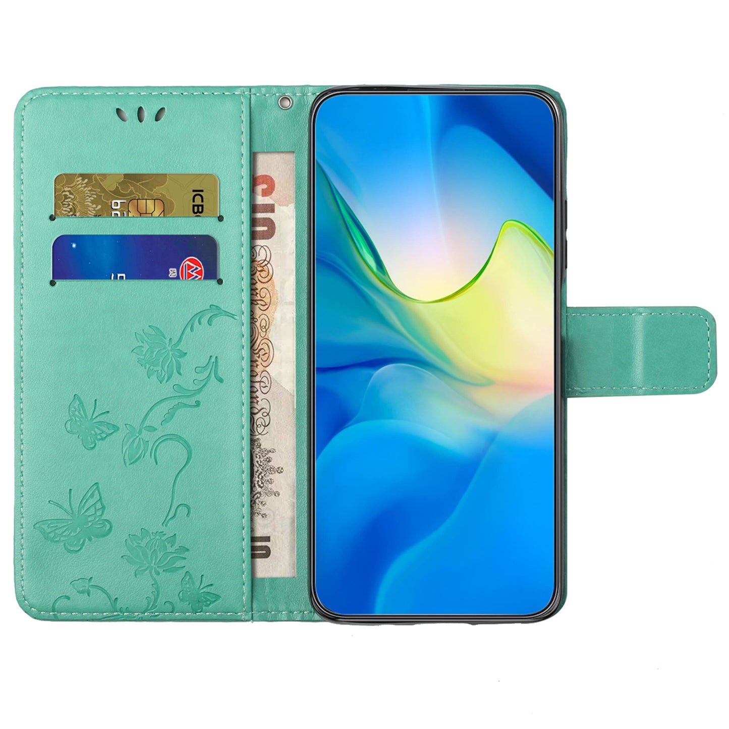 Uniqkart for Xiaomi Redmi 12 4G Wallet Stand Phone Case Butterfly Flower Imprinted PU Leather Cover - Cyan