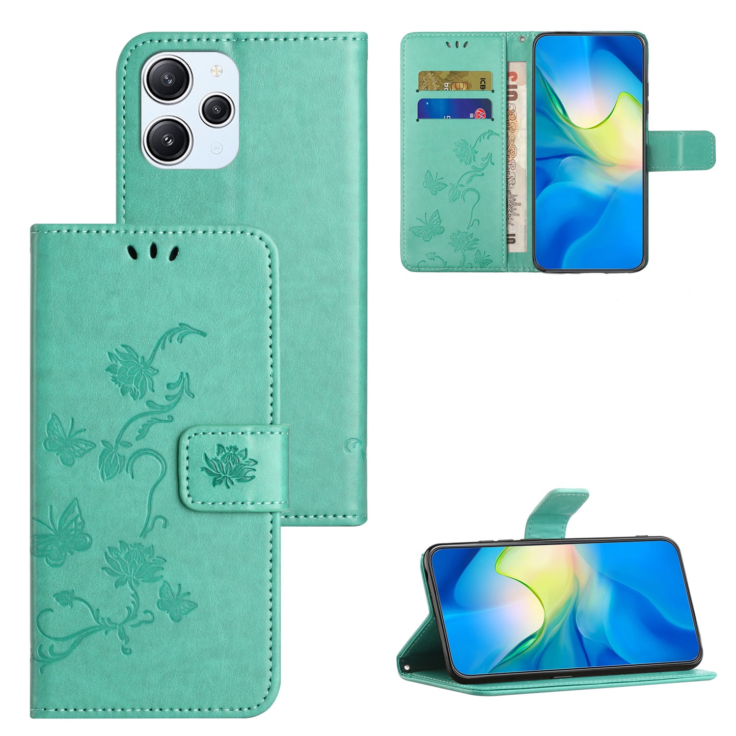 Uniqkart for Xiaomi Redmi 12 4G Wallet Stand Phone Case Butterfly Flower Imprinted PU Leather Cover - Cyan