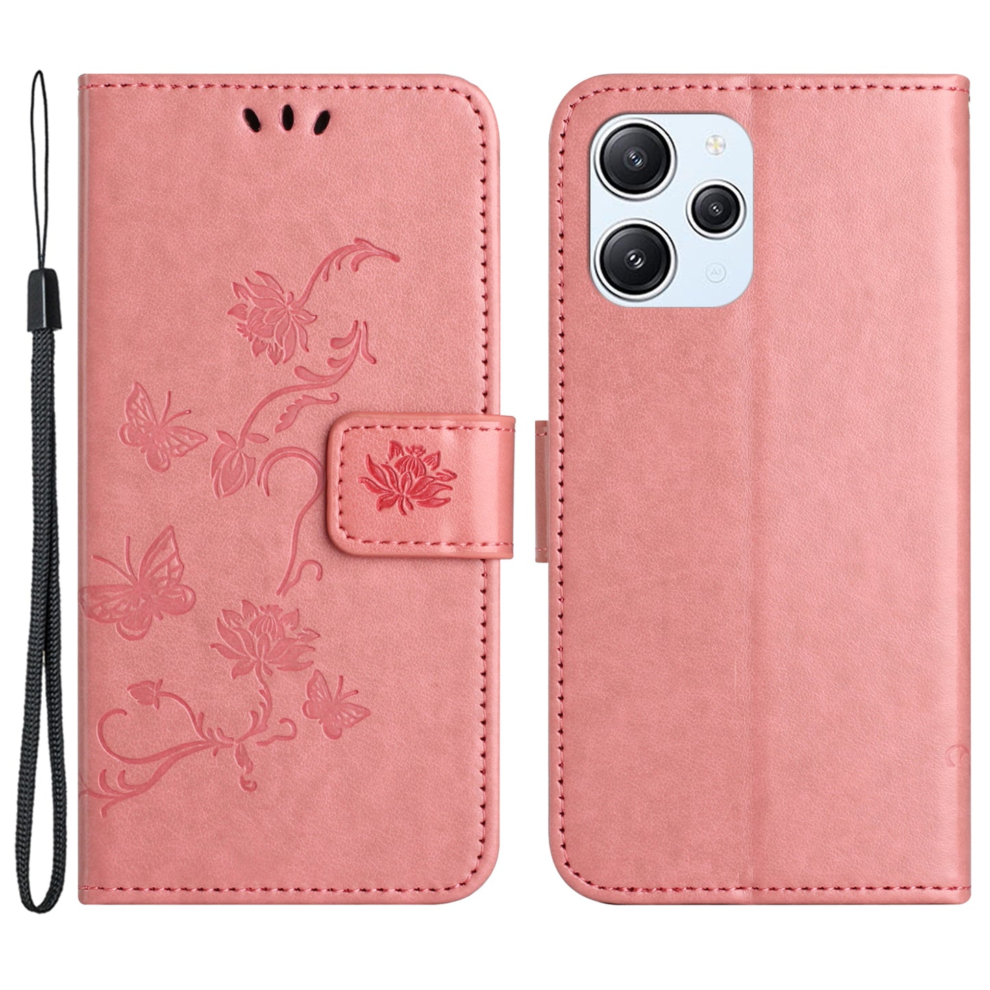 Uniqkart for Xiaomi Redmi 12 4G Wallet Stand Phone Case Butterfly Flower Imprinted PU Leather Cover - Pink