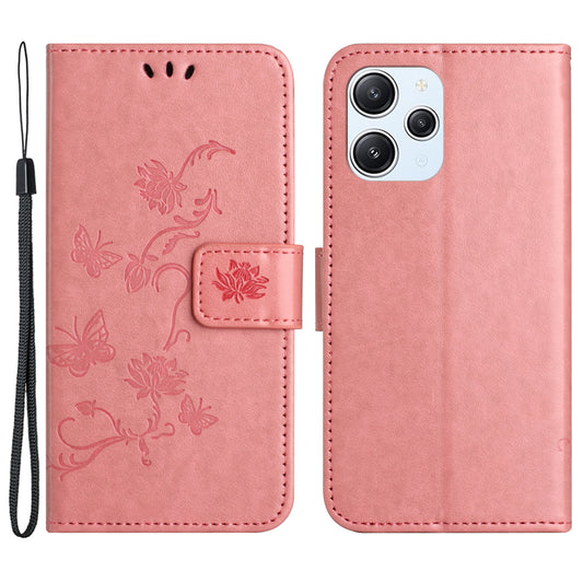 Uniqkart for Xiaomi Redmi 12 4G Wallet Stand Phone Case Butterfly Flower Imprinted PU Leather Cover - Pink