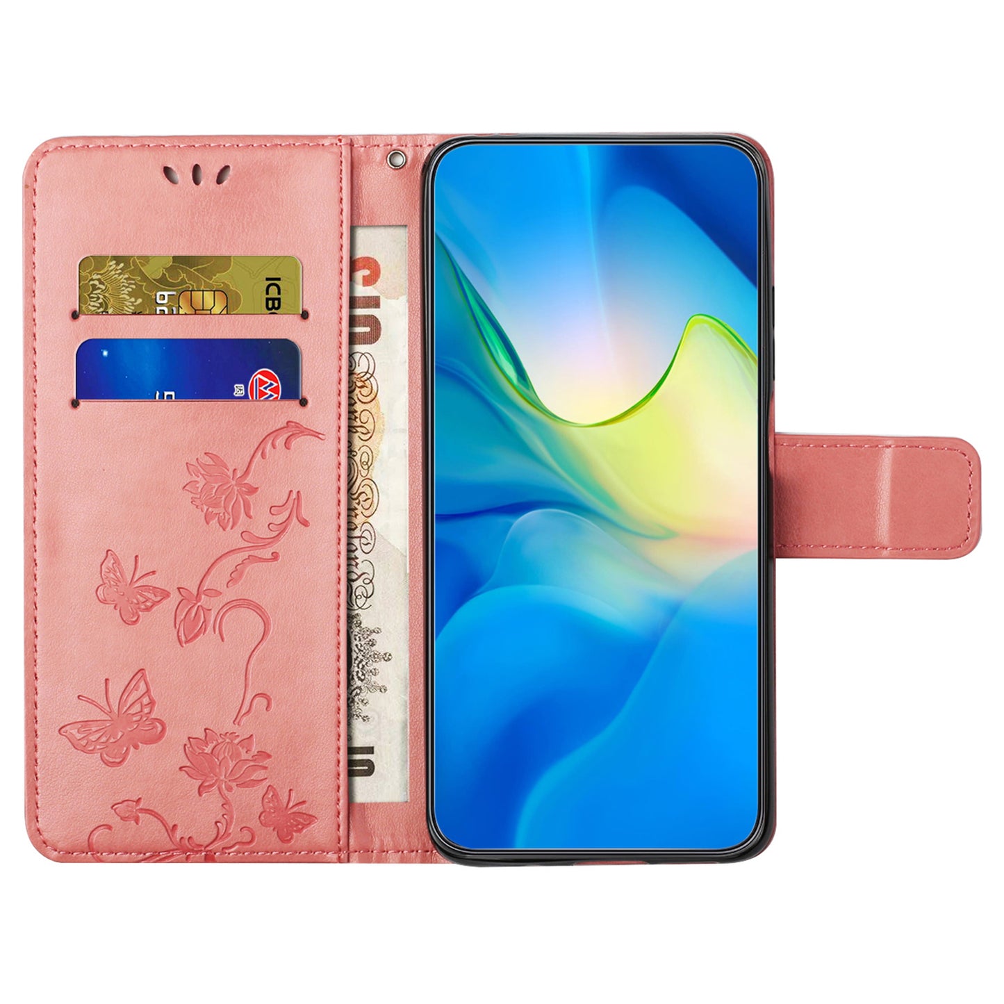 Uniqkart for Xiaomi Redmi 12 4G Wallet Stand Phone Case Butterfly Flower Imprinted PU Leather Cover - Pink