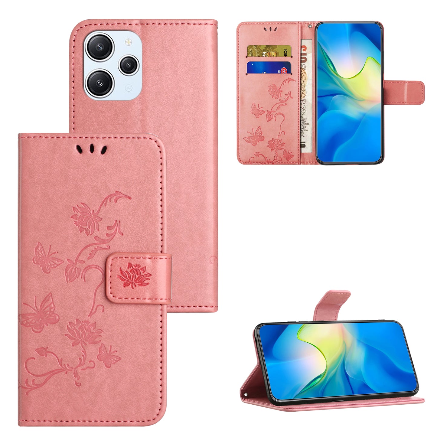 Uniqkart for Xiaomi Redmi 12 4G Wallet Stand Phone Case Butterfly Flower Imprinted PU Leather Cover - Pink