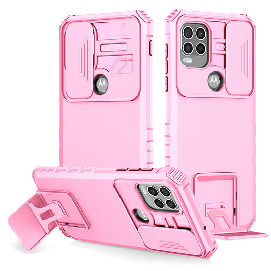 for Motorola Moto G Stylus 5G (2021) Phone Protector Slide Camera Hard PC + Flexible TPU Cover Kickstand Case - Pink