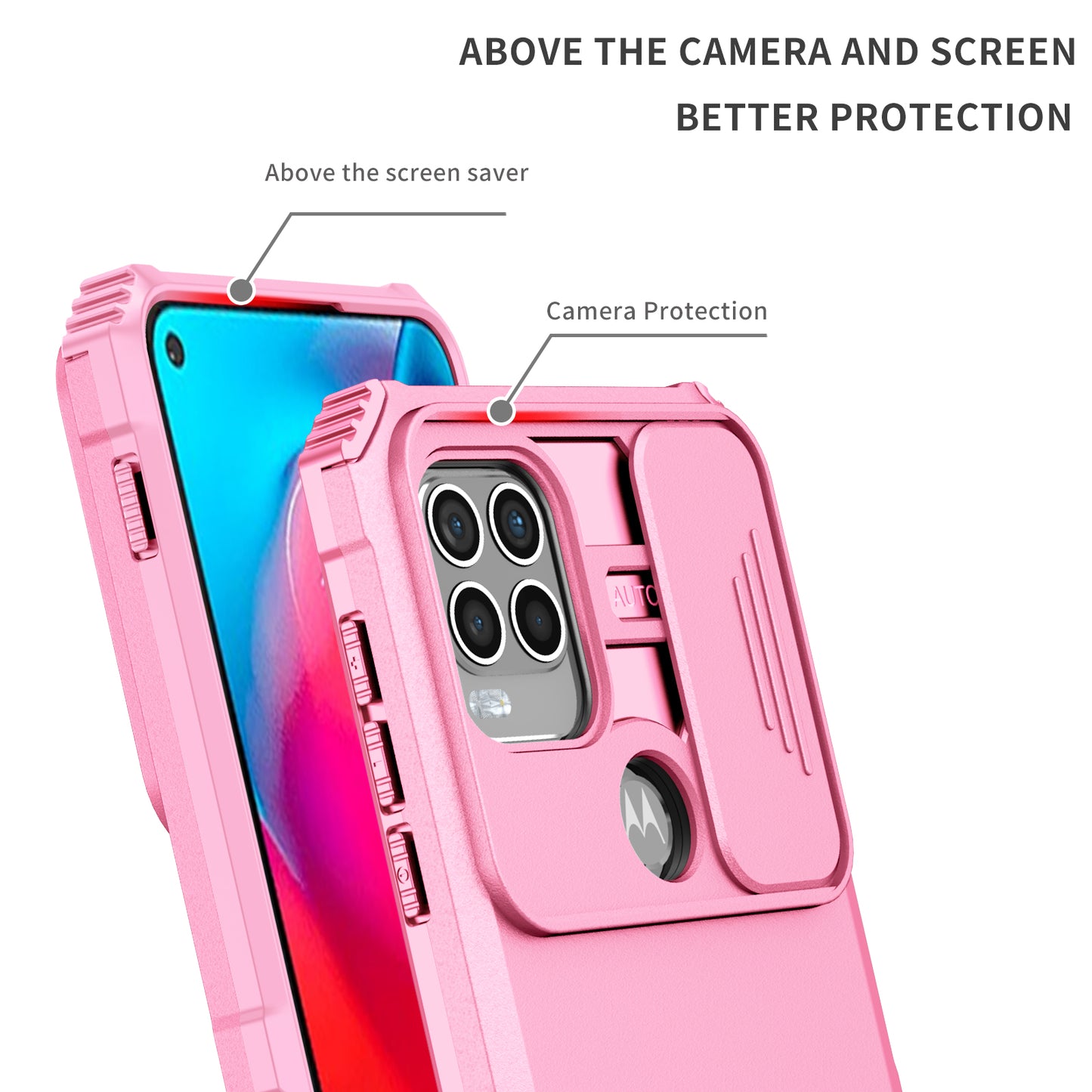 for Motorola Moto G Stylus 5G (2021) Phone Protector Slide Camera Hard PC + Flexible TPU Cover Kickstand Case - Pink