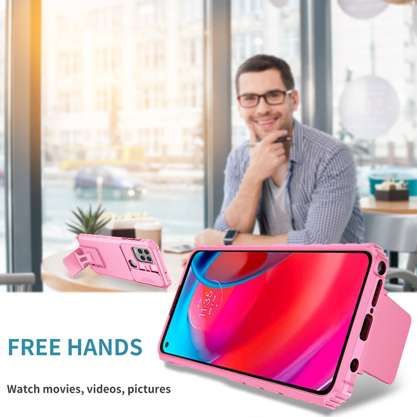 for Motorola Moto G Stylus 5G (2021) Phone Protector Slide Camera Hard PC + Flexible TPU Cover Kickstand Case - Pink