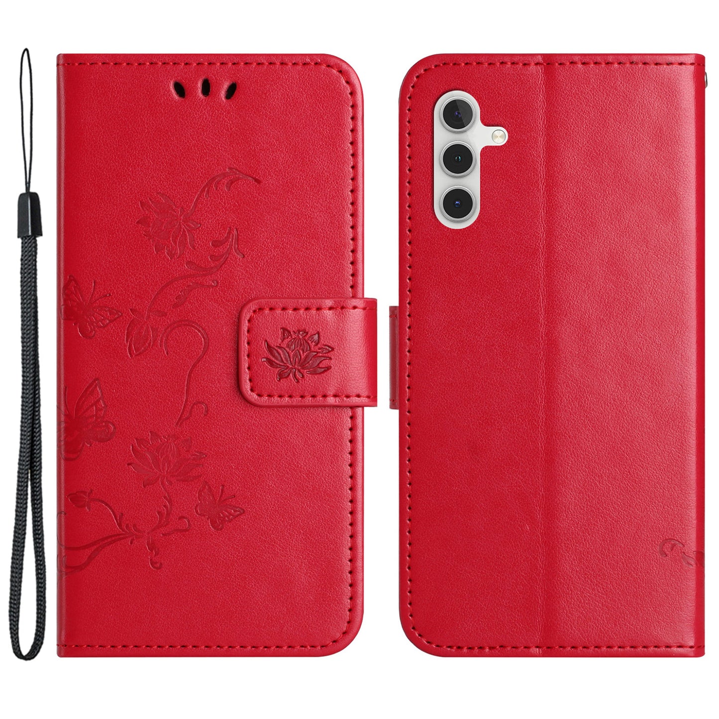 Uniqkart for Samsung Galaxy S23 FE PU Leather Wallet Phone Case Butterfly Flower Imprinted Stand Cover - Red
