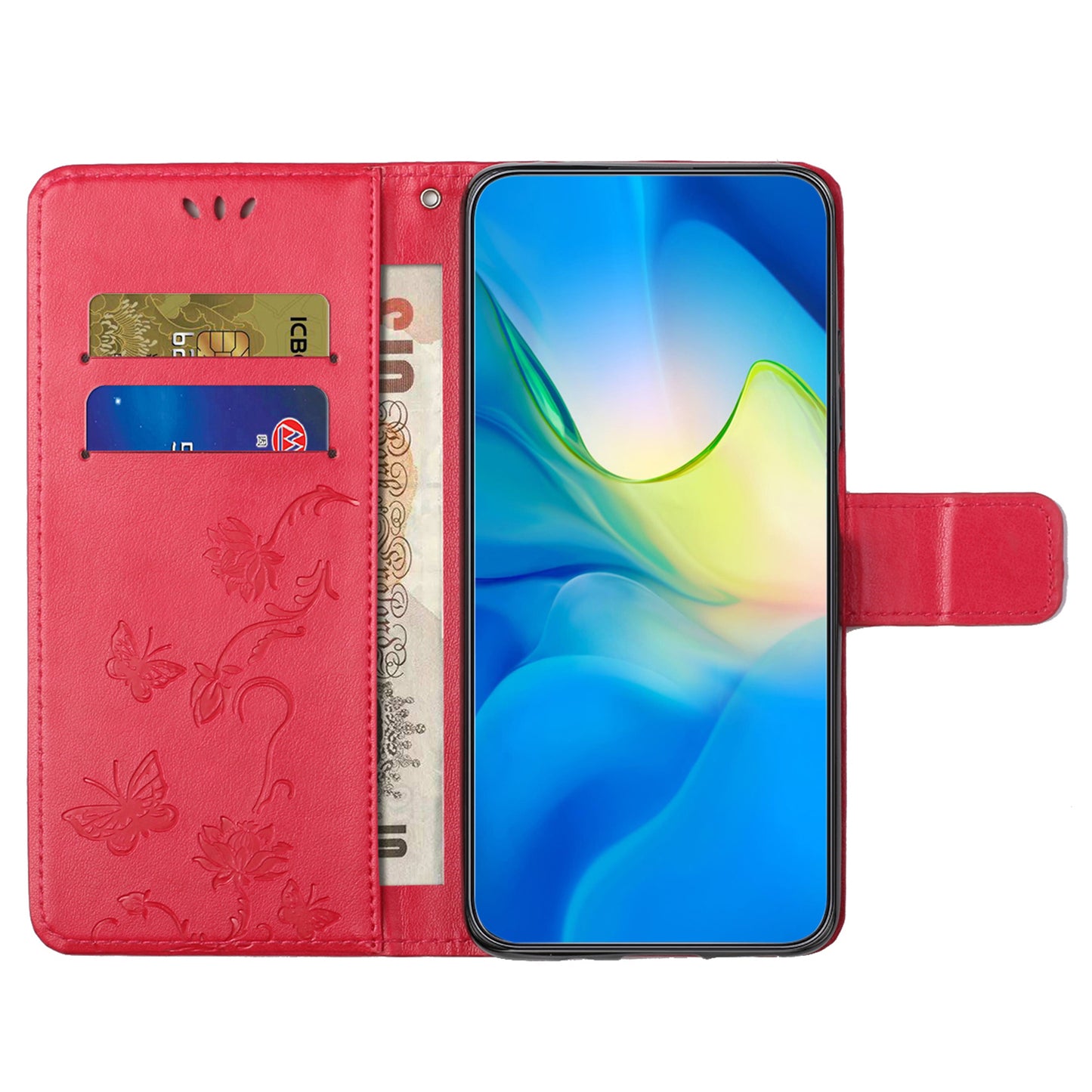 Uniqkart for Samsung Galaxy S23 FE PU Leather Wallet Phone Case Butterfly Flower Imprinted Stand Cover - Red