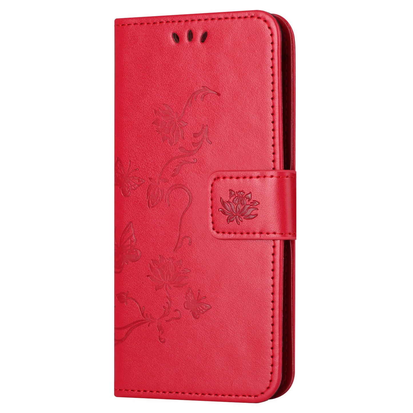 Uniqkart for Samsung Galaxy S23 FE PU Leather Wallet Phone Case Butterfly Flower Imprinted Stand Cover - Red