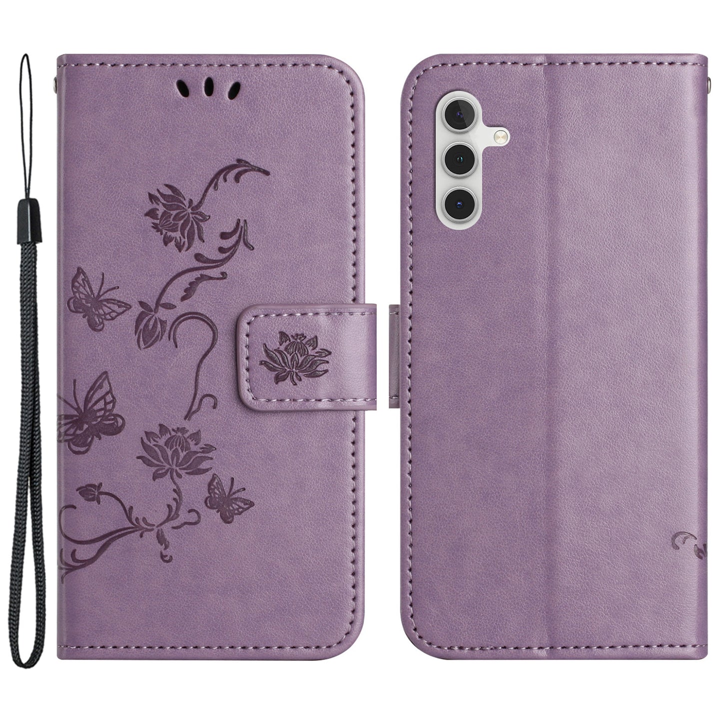 Uniqkart for Samsung Galaxy S23 FE PU Leather Wallet Phone Case Butterfly Flower Imprinted Stand Cover - Purple