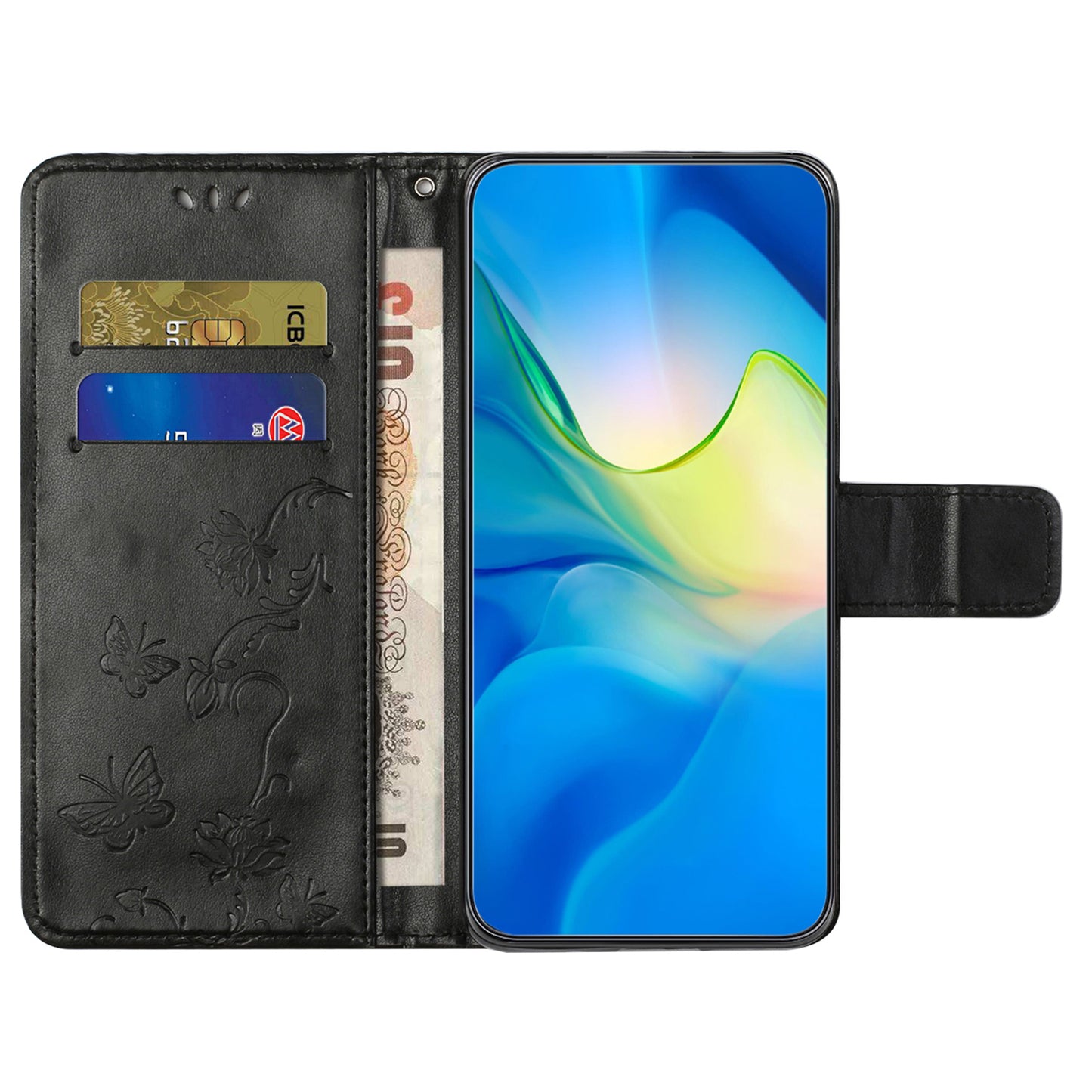 Uniqkart for Samsung Galaxy S23 FE PU Leather Wallet Phone Case Butterfly Flower Imprinted Stand Cover - Black