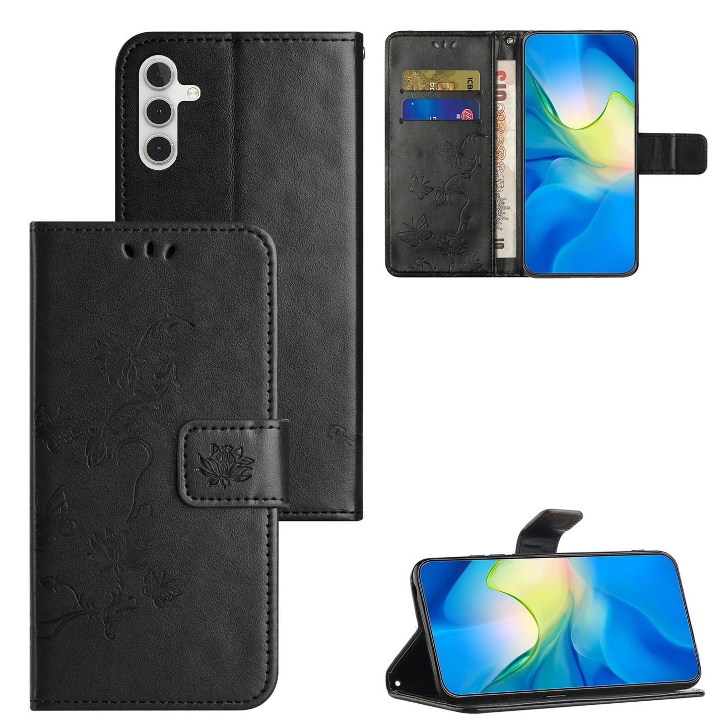 Uniqkart for Samsung Galaxy S23 FE PU Leather Wallet Phone Case Butterfly Flower Imprinted Stand Cover - Black