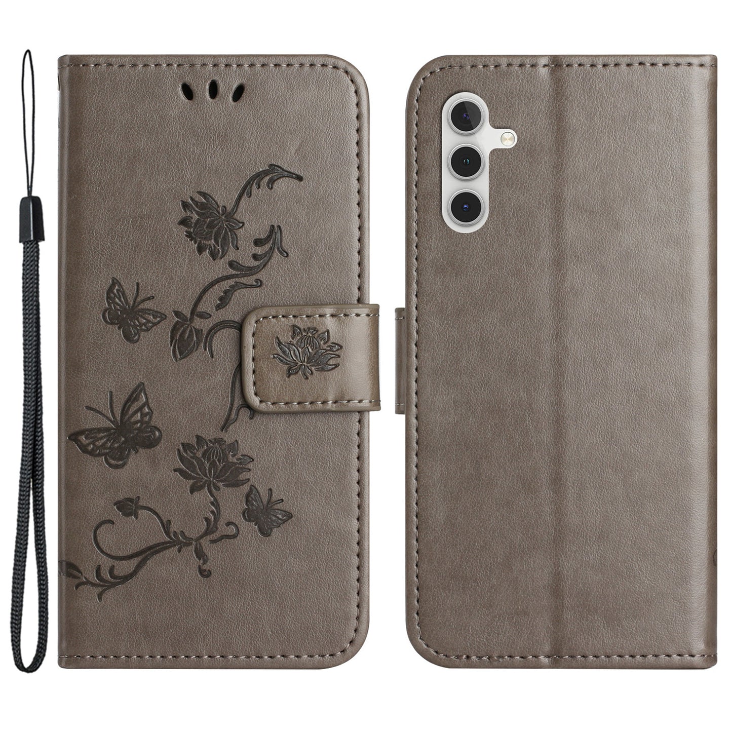 Uniqkart for Samsung Galaxy S23 FE PU Leather Wallet Phone Case Butterfly Flower Imprinted Stand Cover - Grey