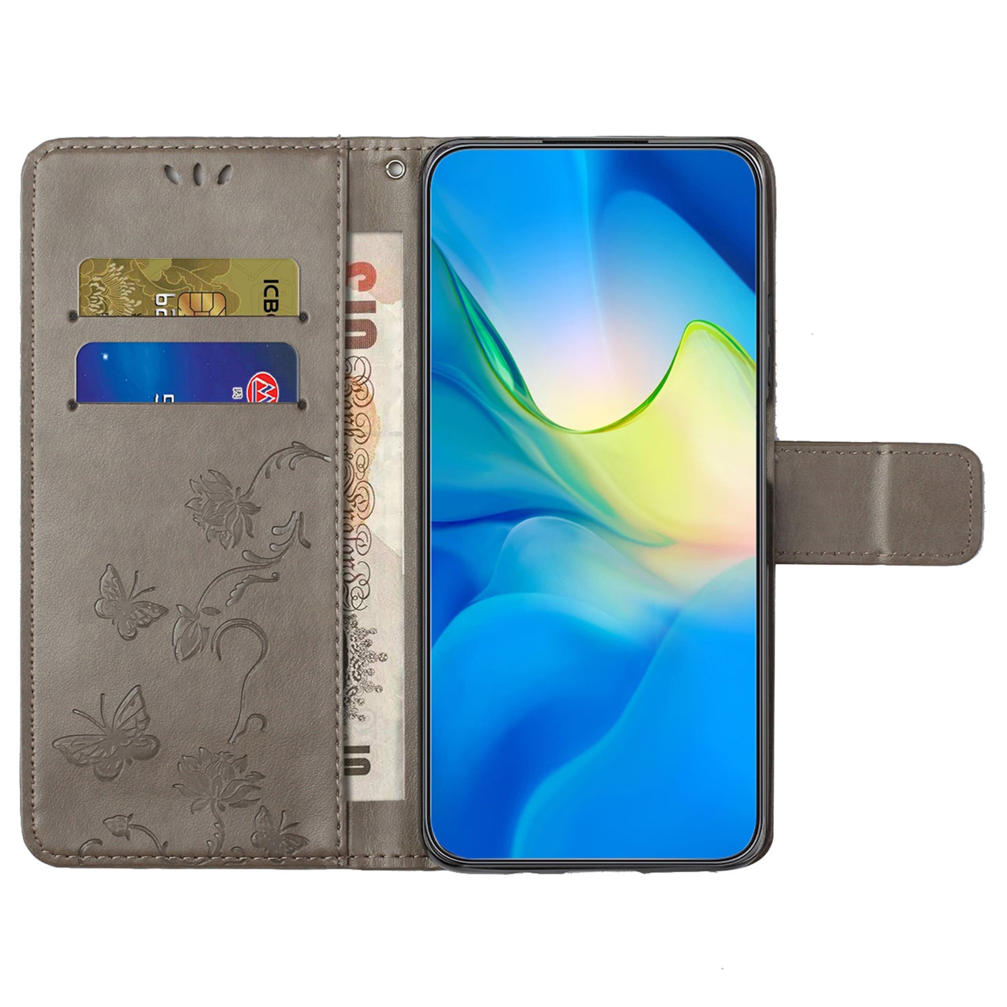 Uniqkart for Samsung Galaxy S23 FE PU Leather Wallet Phone Case Butterfly Flower Imprinted Stand Cover - Grey