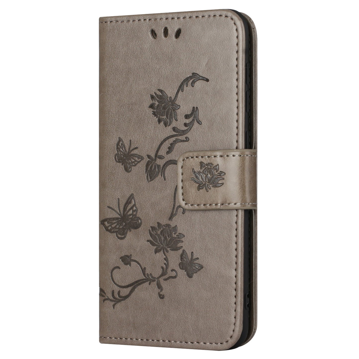 Uniqkart for Samsung Galaxy S23 FE PU Leather Wallet Phone Case Butterfly Flower Imprinted Stand Cover - Grey
