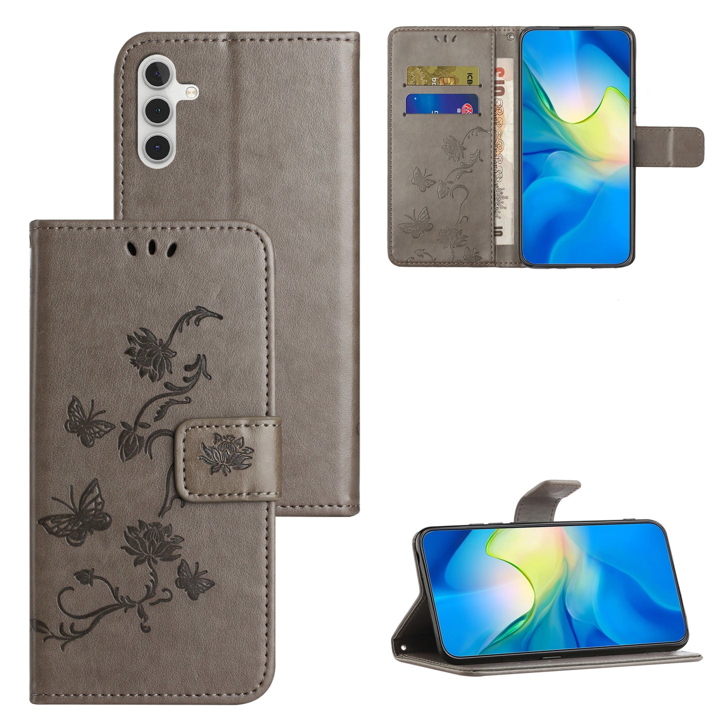 Uniqkart for Samsung Galaxy S23 FE PU Leather Wallet Phone Case Butterfly Flower Imprinted Stand Cover - Grey