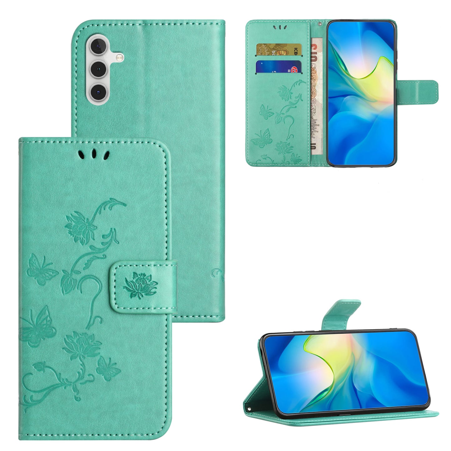 Uniqkart for Samsung Galaxy S23 FE PU Leather Wallet Phone Case Butterfly Flower Imprinted Stand Cover - Cyan