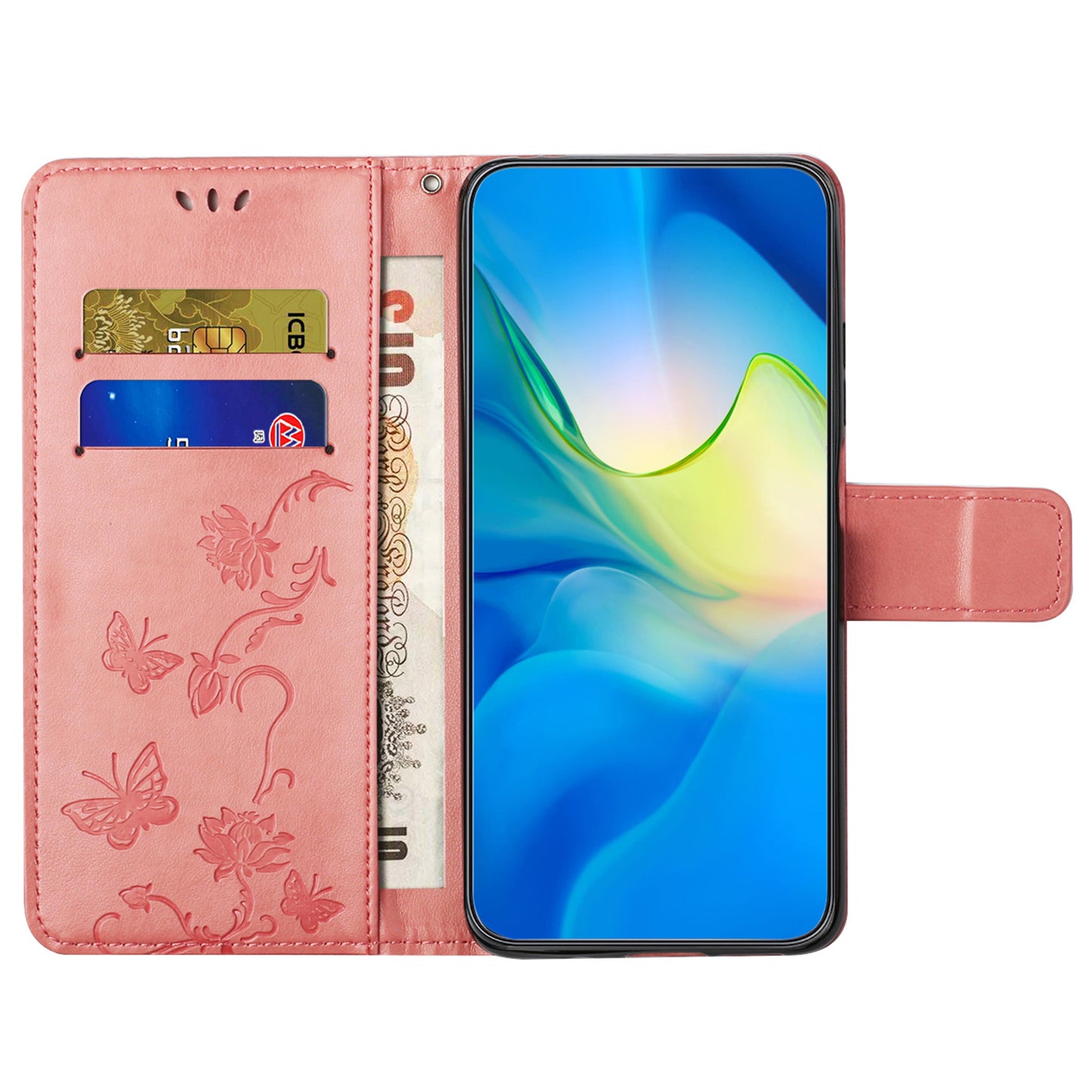 Uniqkart for Samsung Galaxy S23 FE PU Leather Wallet Phone Case Butterfly Flower Imprinted Stand Cover - Pink