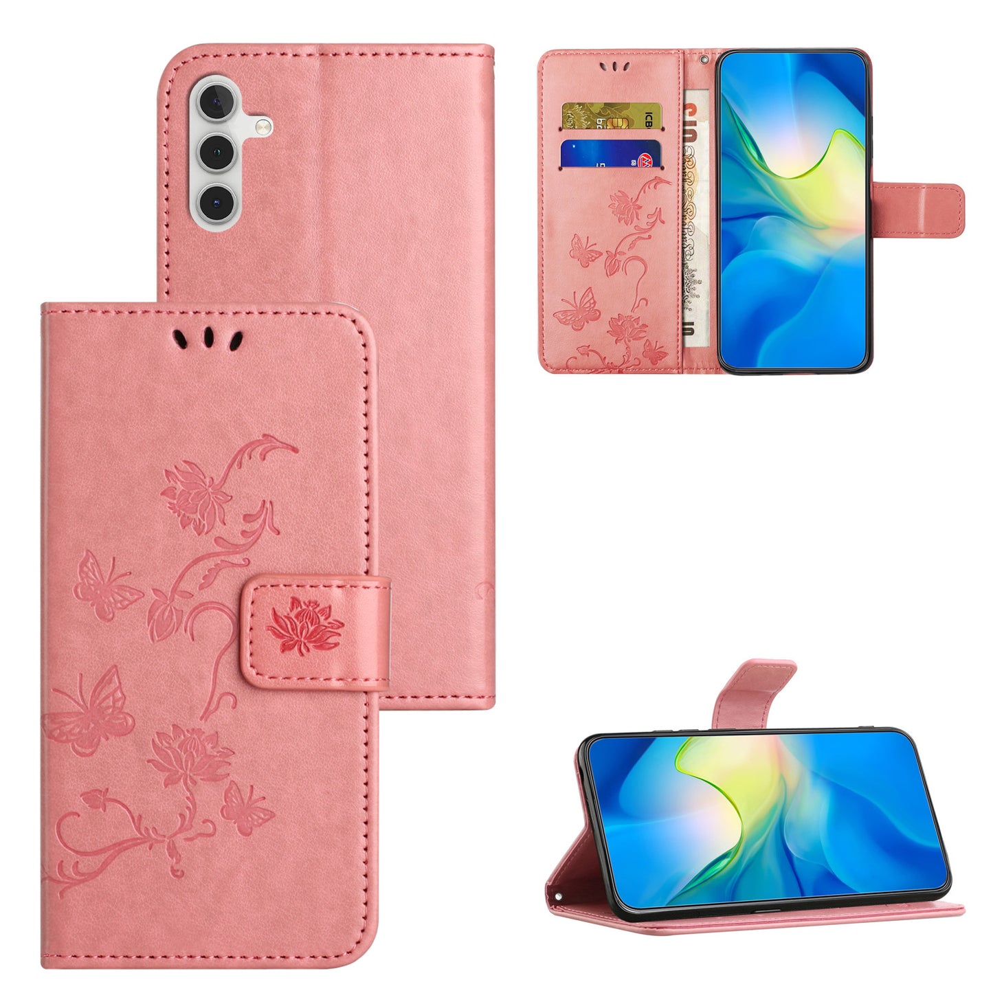 Uniqkart for Samsung Galaxy S23 FE PU Leather Wallet Phone Case Butterfly Flower Imprinted Stand Cover - Pink