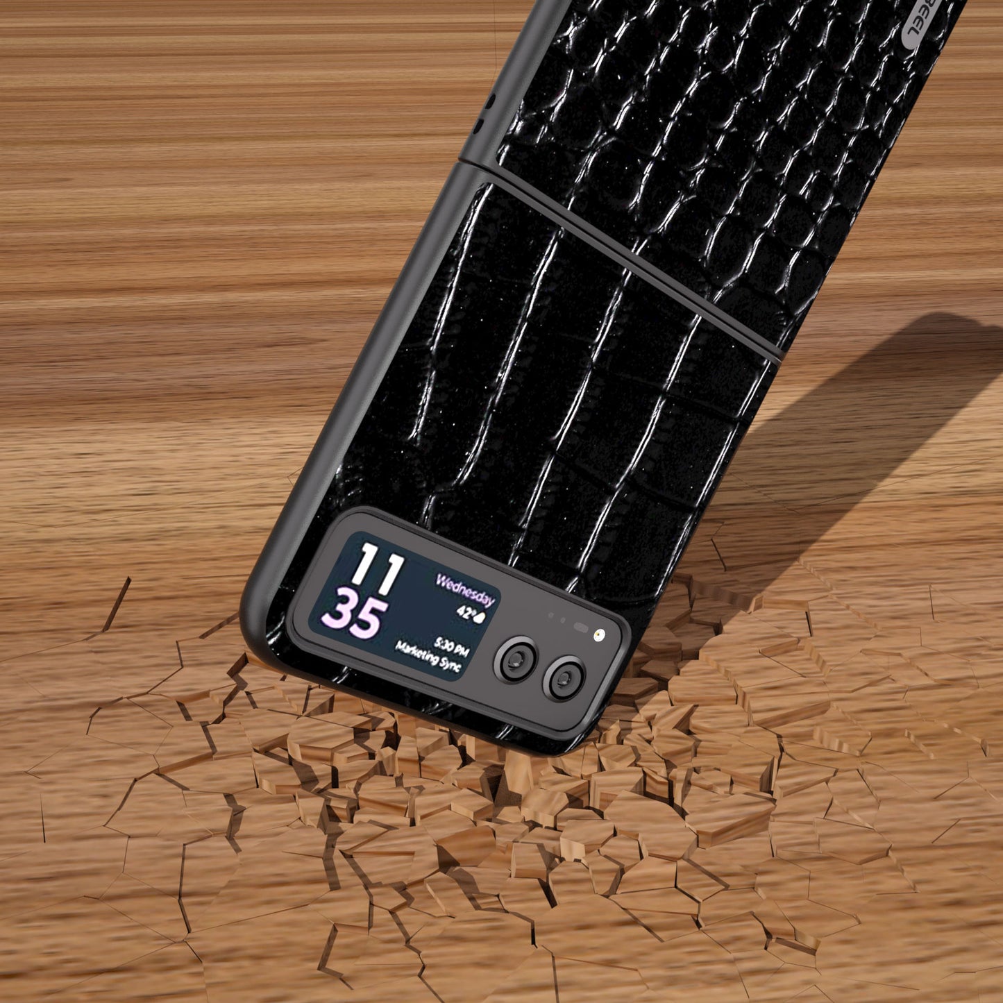 Uniqkart For Motorola Razr 40 5G Protective Case Genuine Cow Leather Coated PC Crocodile Texture Phone Cover - Black