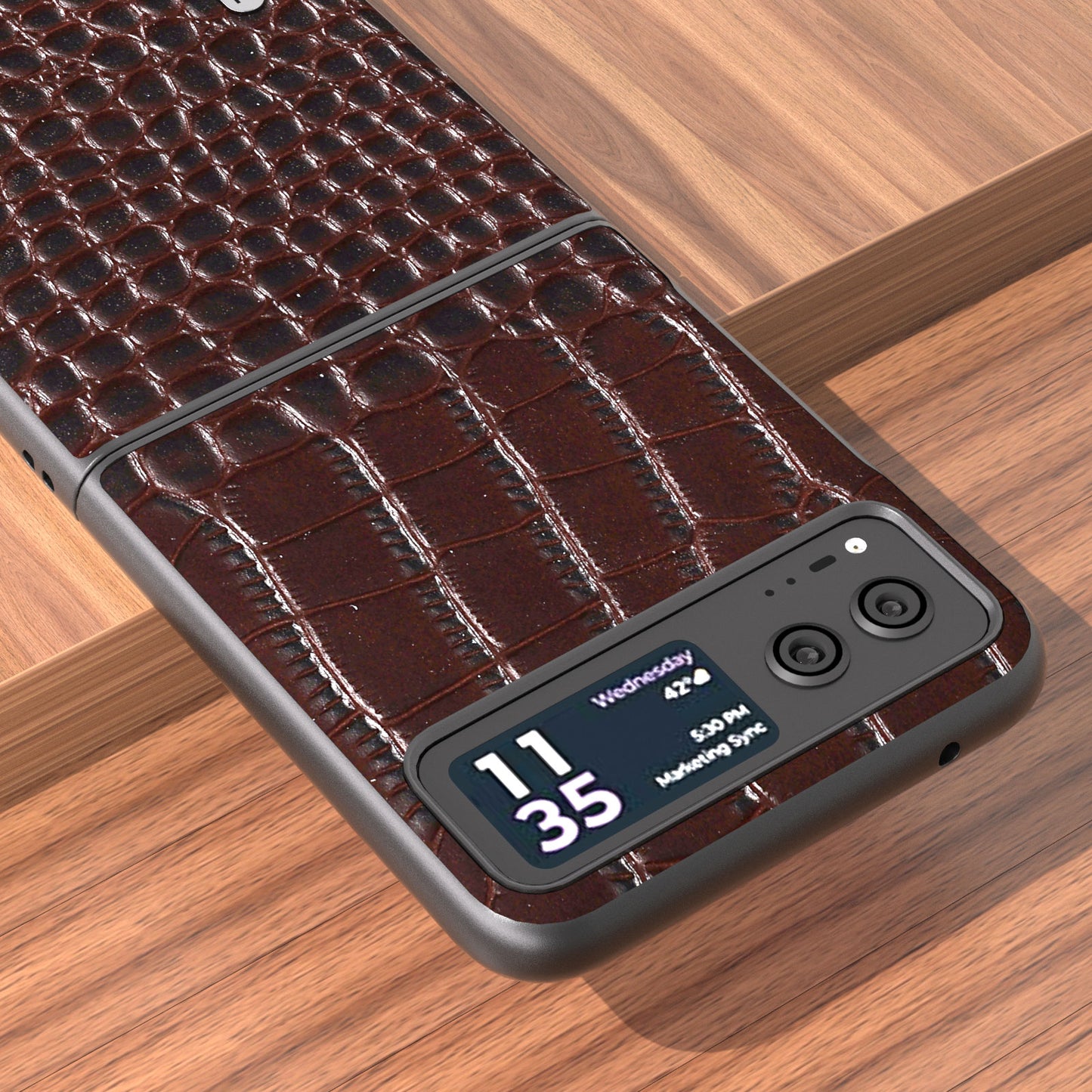 Uniqkart For Motorola Razr 40 5G Protective Case Genuine Cow Leather Coated PC Crocodile Texture Phone Cover - Coffee