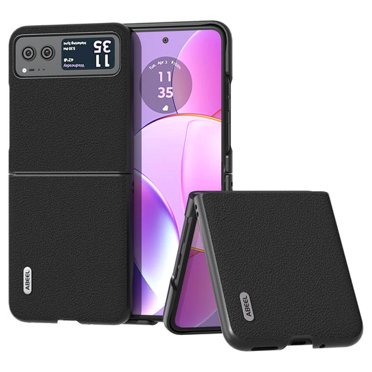 Uniqkart For Motorola Razr 40 5G Waves Texture Case Genuine Cow Leather Hard PC Phone Cover - Black