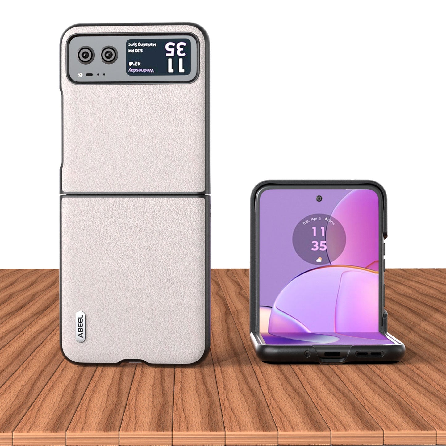 Uniqkart For Motorola Razr 40 5G Waves Texture Case Genuine Cow Leather Hard PC Phone Cover - Grey