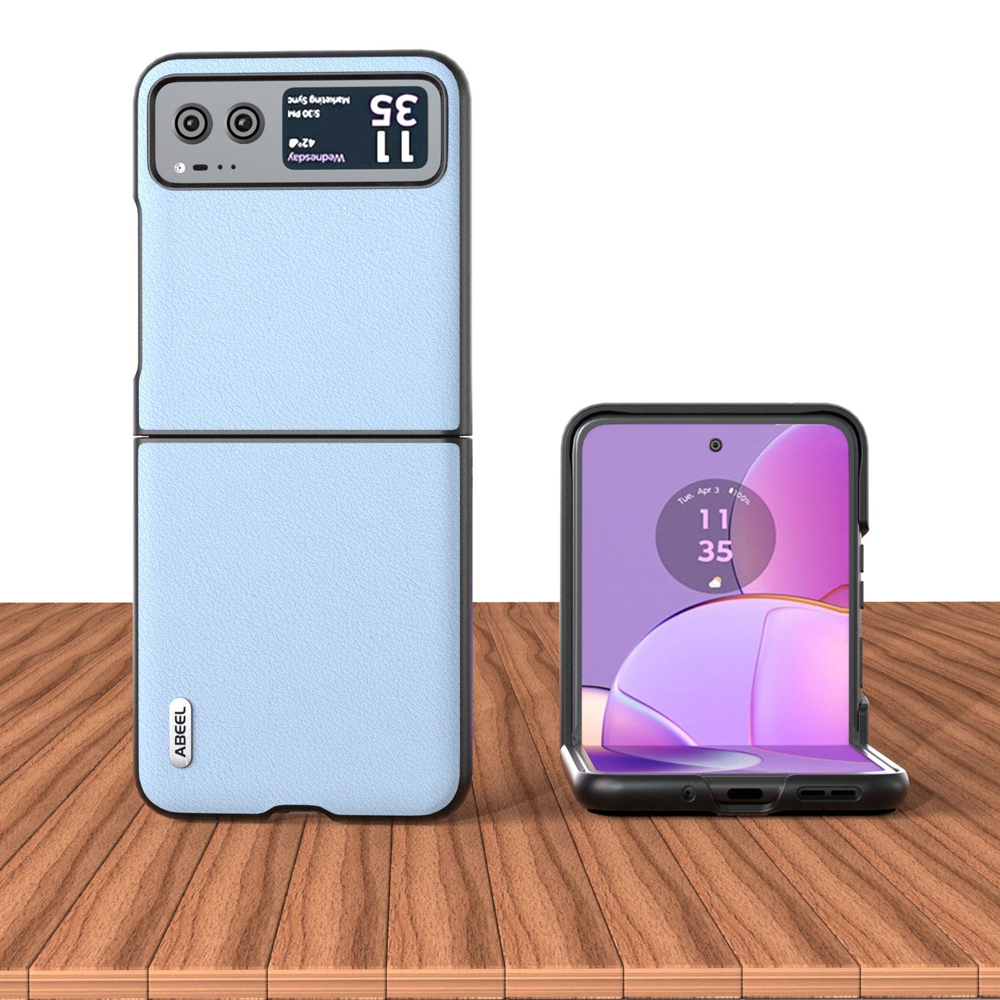 Uniqkart For Motorola Razr 40 5G Waves Texture Case Genuine Cow Leather Hard PC Phone Cover - Blue