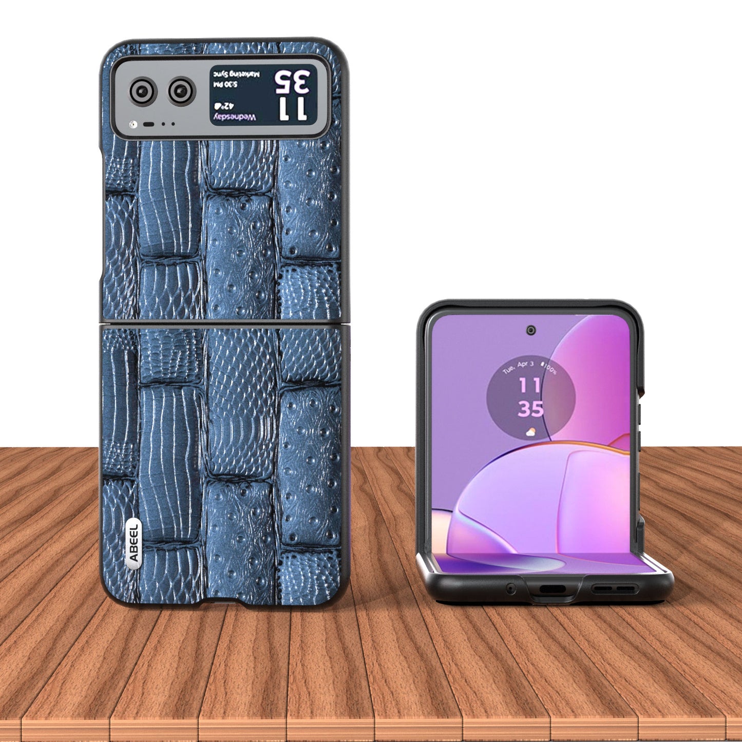 Uniqkart for Motorola Razr 40 5G Mahjong Texture Cover Genuine Cow Leather+PC Anti-Shock Phone Case - Blue