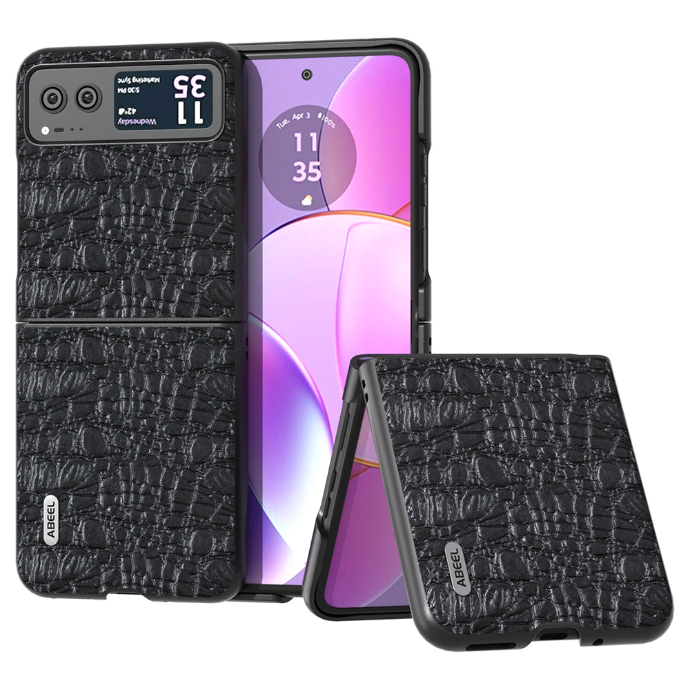 Uniqkart For Motorola Razr 40 5G Canopy Texture Phone Case Genuine Cow Leather+PC Protective Cover - Black