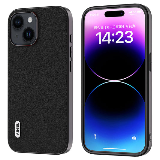 Uniqkart For iPhone 15 Shockproof Phone Cover Genuine Cow Leather Coated PC+TPU Waves Texture Case - Black