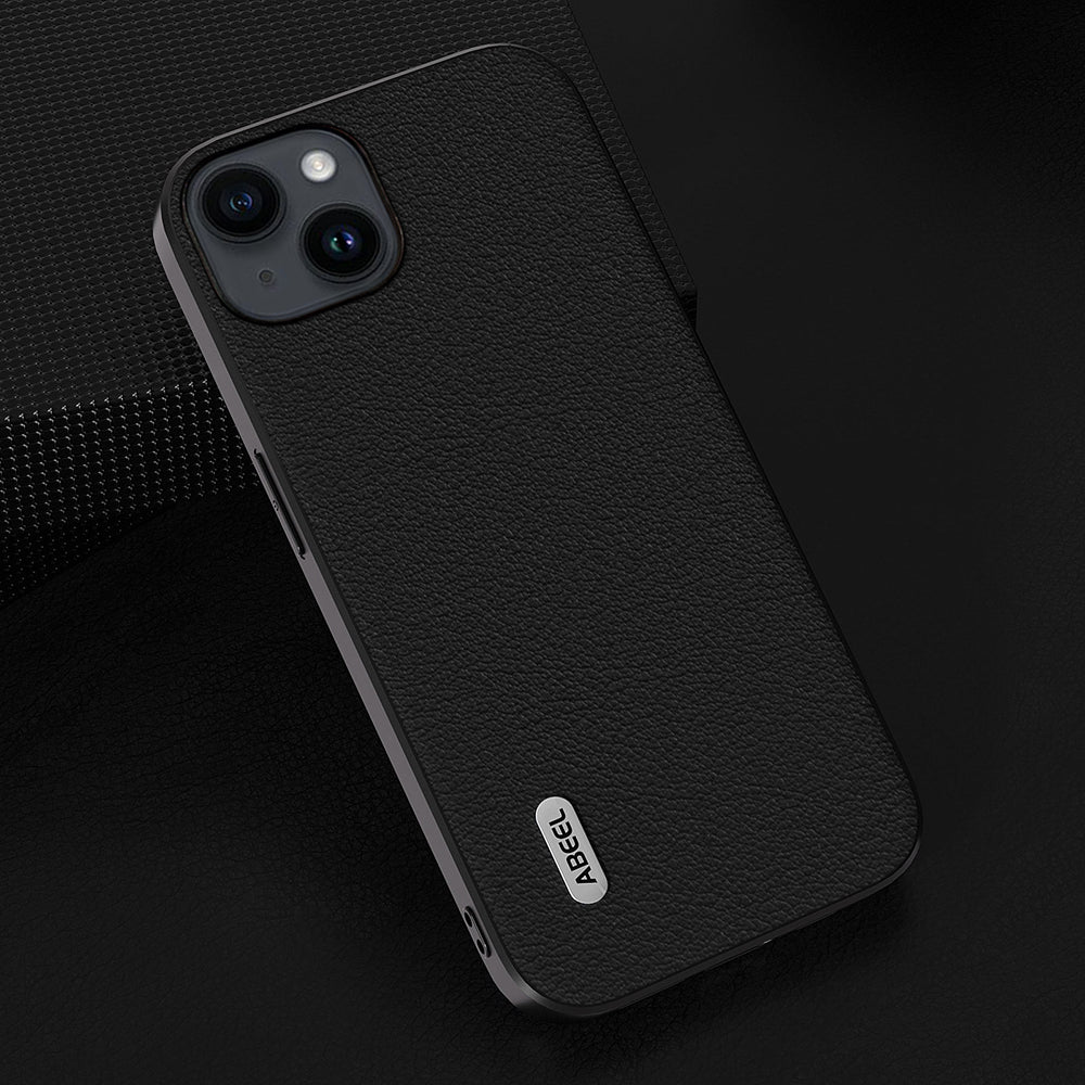 Uniqkart For iPhone 15 Shockproof Phone Cover Genuine Cow Leather Coated PC+TPU Waves Texture Case - Black